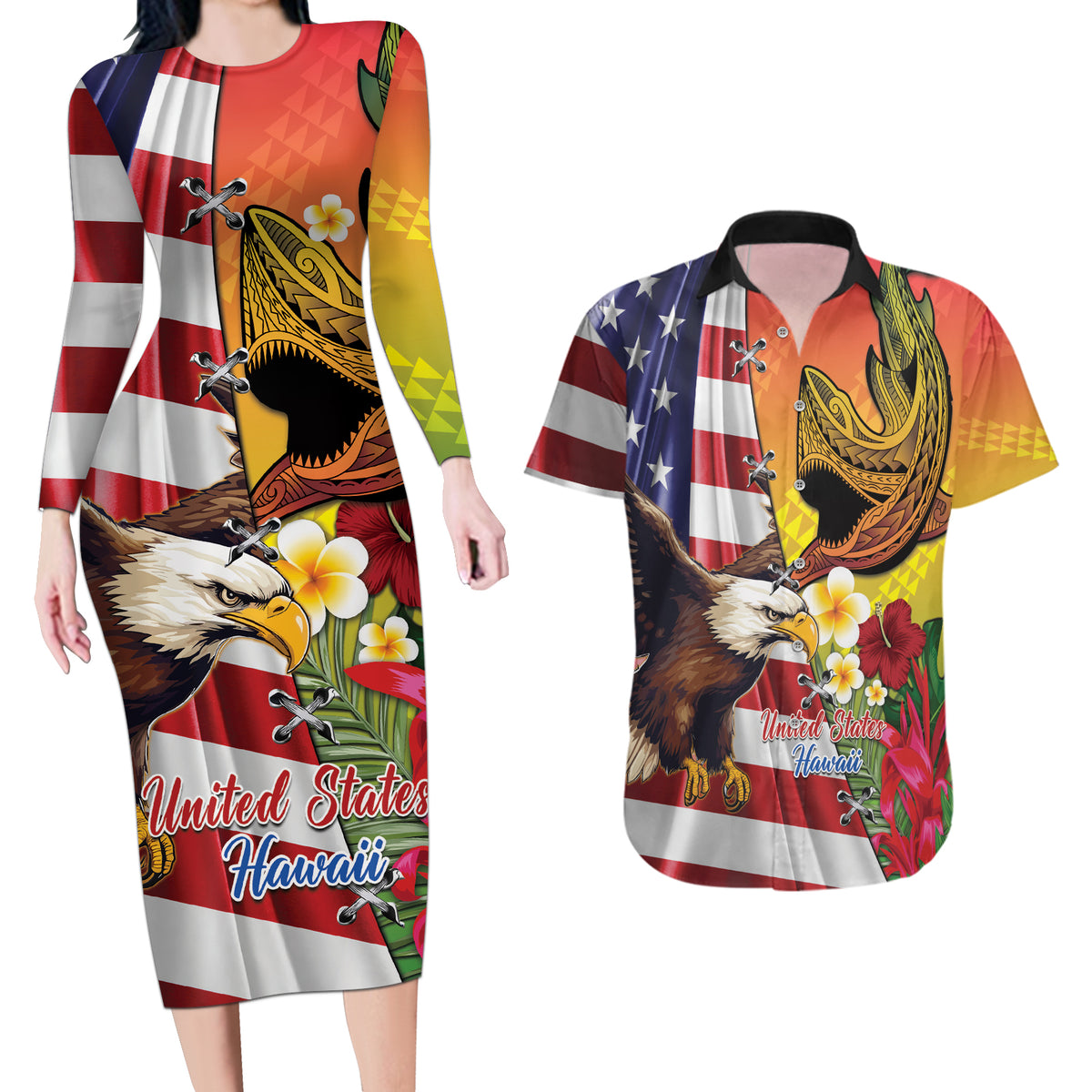 Personalised United States And Hawaii Couples Matching Long Sleeve Bodycon Dress and Hawaiian Shirt USA Eagle With Hawaiian Shark Tattoo LT14 Red - Polynesian Pride