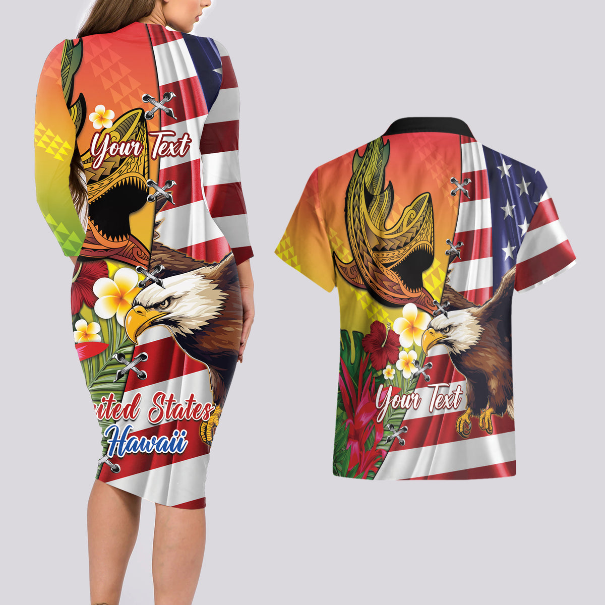 Personalised United States And Hawaii Couples Matching Long Sleeve Bodycon Dress and Hawaiian Shirt USA Eagle With Hawaiian Shark Tattoo LT14 - Polynesian Pride
