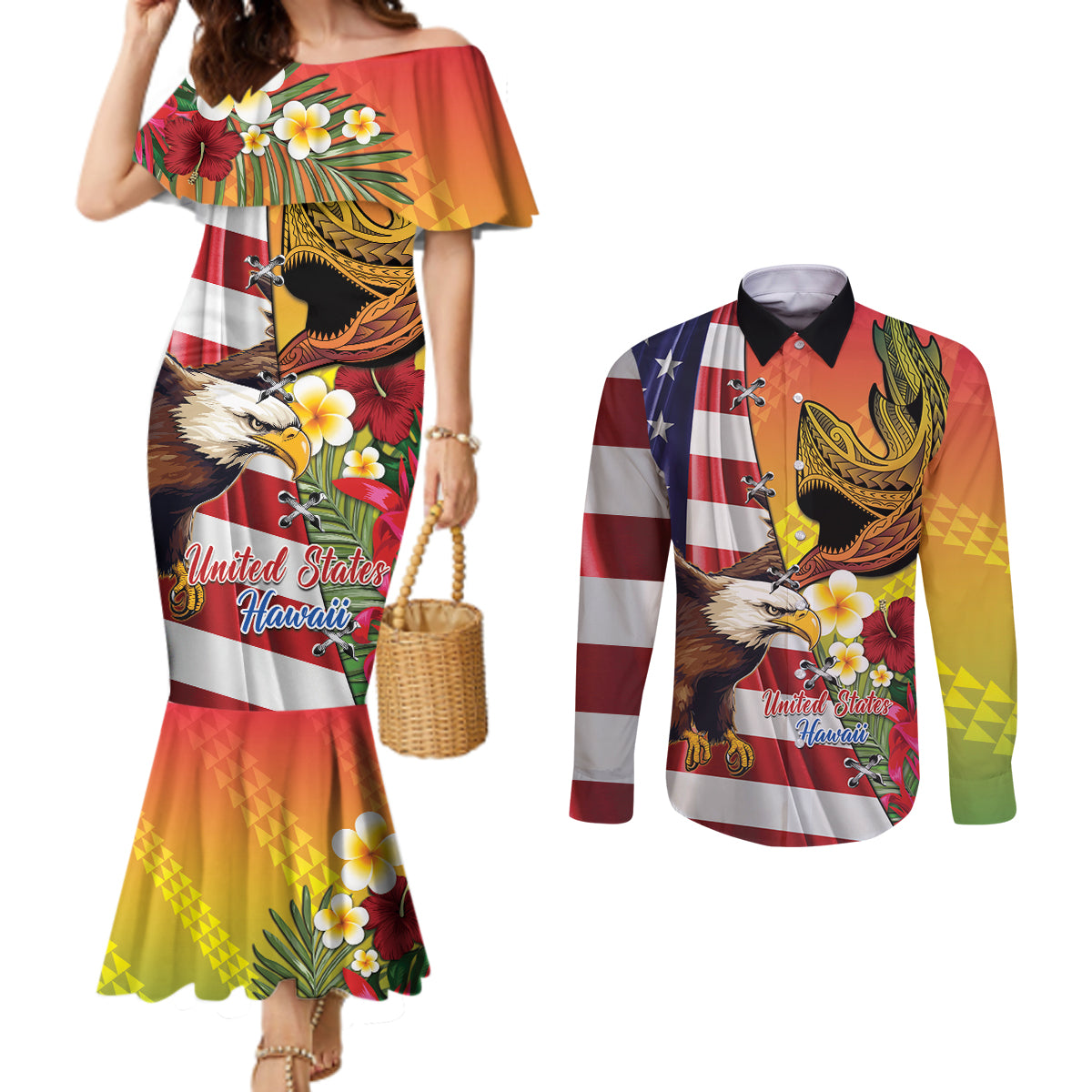 Personalised United States And Hawaii Couples Matching Mermaid Dress and Long Sleeve Button Shirt USA Eagle With Hawaiian Shark Tattoo