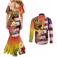 Personalised United States And Hawaii Couples Matching Mermaid Dress and Long Sleeve Button Shirt USA Eagle With Hawaiian Shark Tattoo