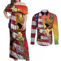 Personalised United States And Hawaii Couples Matching Off Shoulder Maxi Dress and Long Sleeve Button Shirt USA Eagle With Hawaiian Shark Tattoo