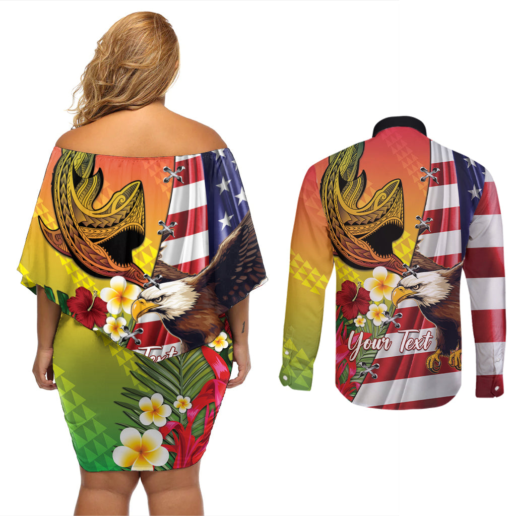 Personalised United States And Hawaii Couples Matching Off Shoulder Short Dress and Long Sleeve Button Shirt USA Eagle With Hawaiian Shark Tattoo