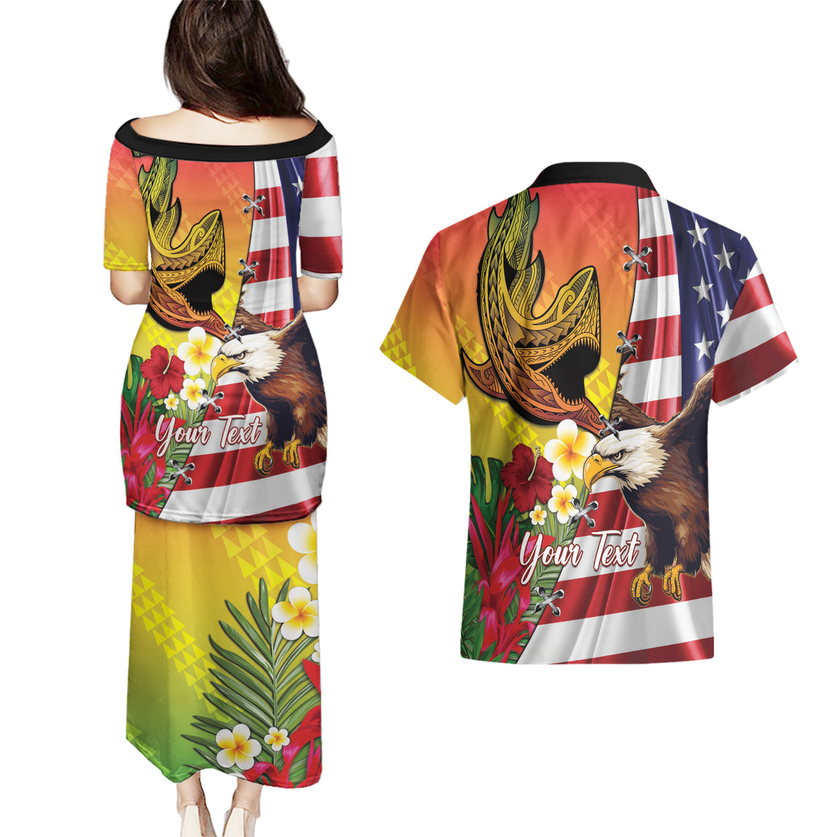 Personalised United States And Hawaii Couples Matching Puletasi and Hawaiian Shirt USA Eagle With Hawaiian Shark Tattoo LT14 - Polynesian Pride
