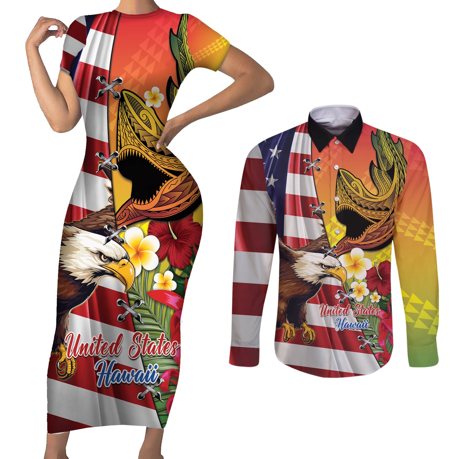 Personalised United States And Hawaii Couples Matching Short Sleeve Bodycon Dress and Long Sleeve Button Shirt USA Eagle With Hawaiian Shark Tattoo
