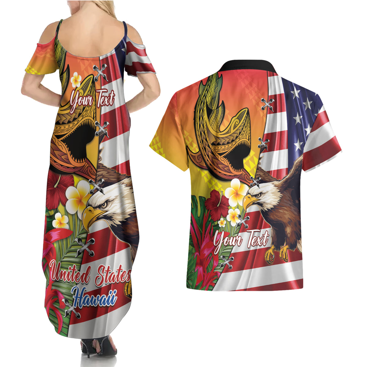 Personalised United States And Hawaii Couples Matching Summer Maxi Dress and Hawaiian Shirt USA Eagle With Hawaiian Shark Tattoo