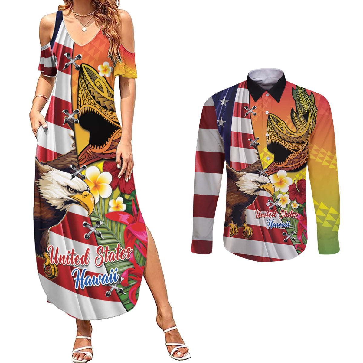 Personalised United States And Hawaii Couples Matching Summer Maxi Dress and Long Sleeve Button Shirt USA Eagle With Hawaiian Shark Tattoo