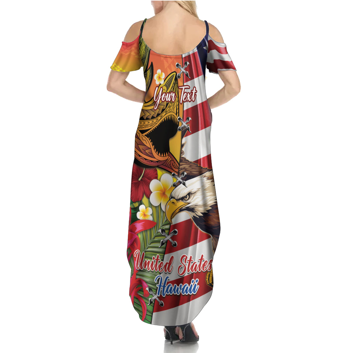 Personalised United States And Hawaii Family Matching Summer Maxi Dress and Hawaiian Shirt USA Eagle With Hawaiian Shark Tattoo