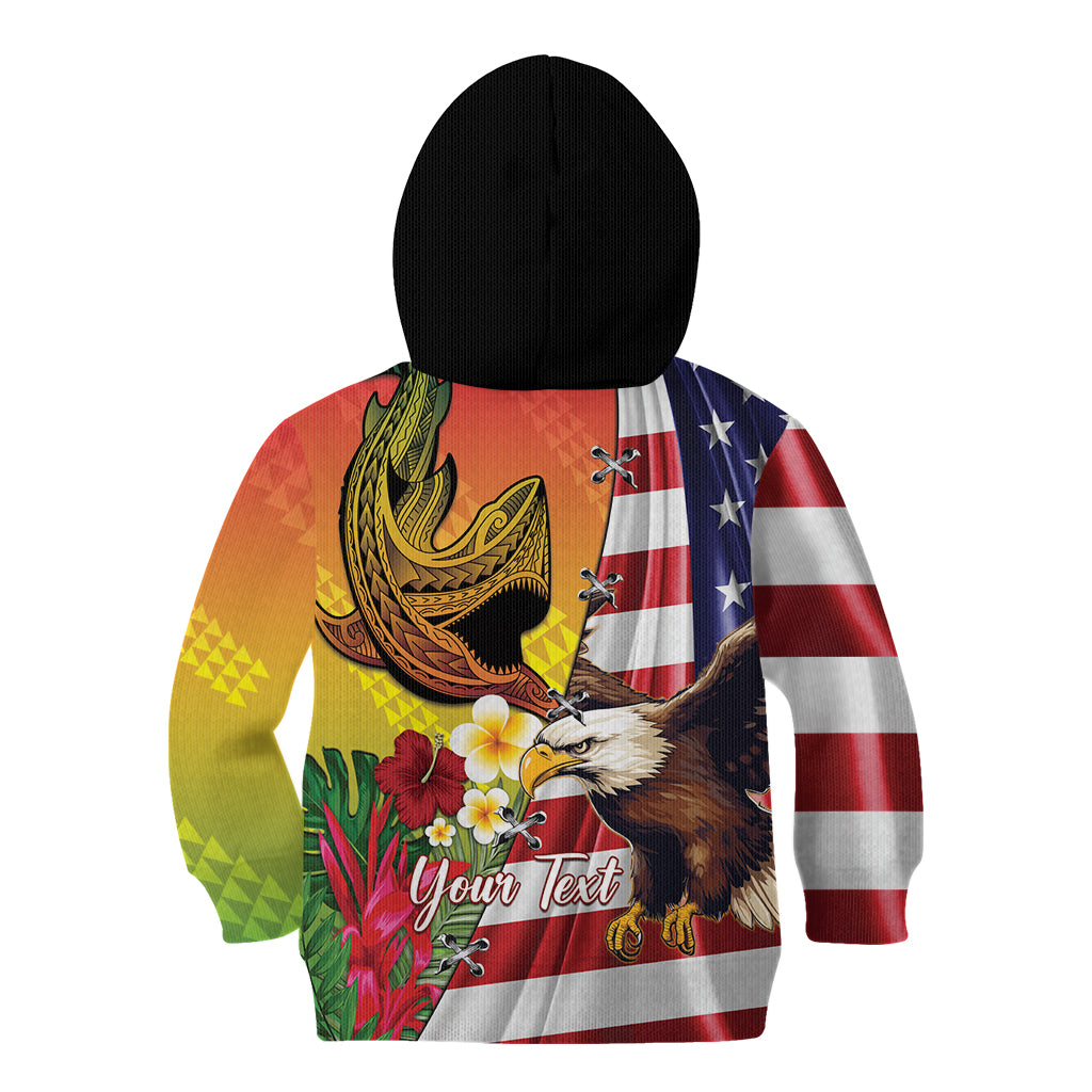 Personalised United States And Hawaii Kid Hoodie USA Eagle With Hawaiian Shark Tattoo