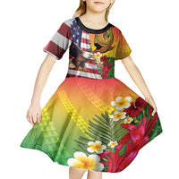 Personalised United States And Hawaii Kid Short Sleeve Dress USA Eagle With Hawaiian Shark Tattoo