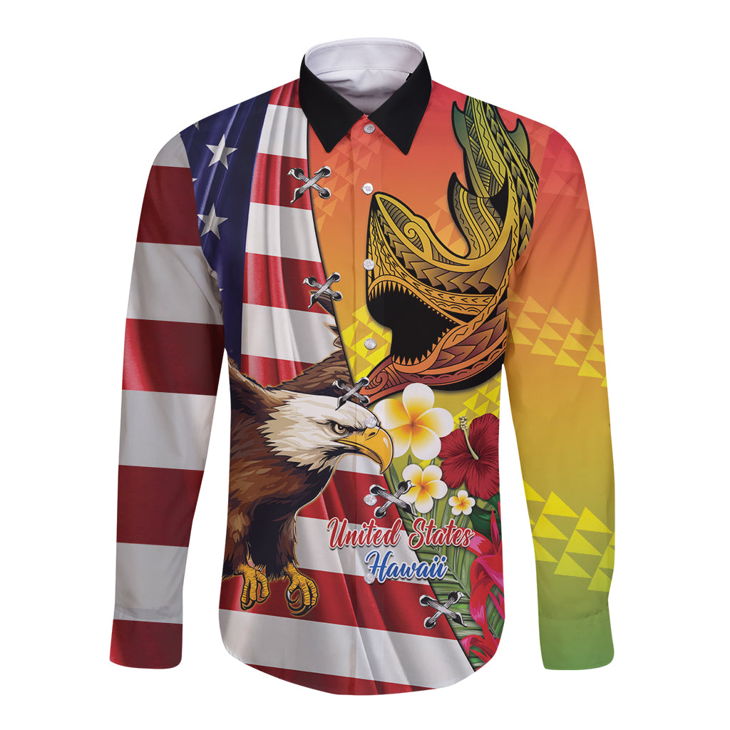 Personalised United States And Hawaii Long Sleeve Button Shirt USA Eagle With Hawaiian Shark Tattoo