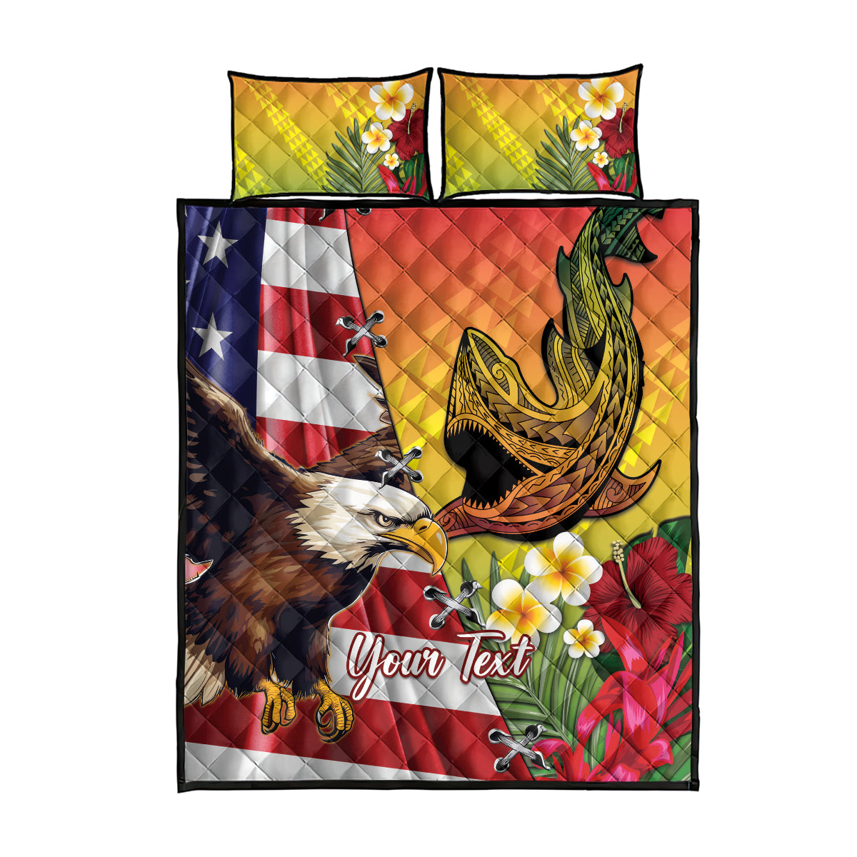 Personalised United States And Hawaii Quilt Bed Set USA Eagle With Hawaiian Shark Tattoo