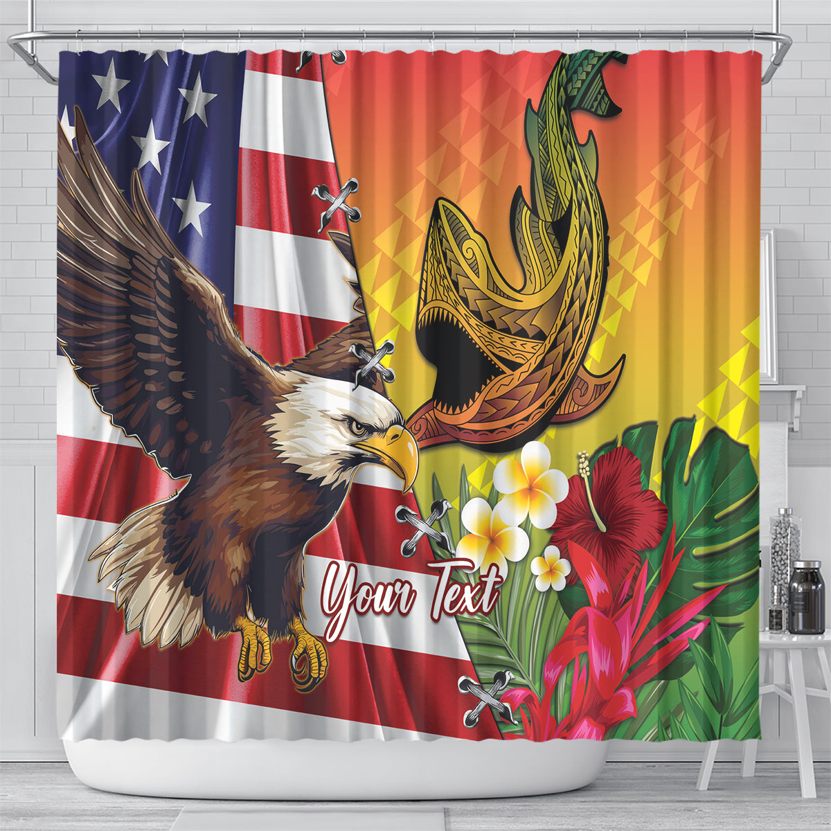 Personalised United States And Hawaii Shower Curtain USA Eagle With Hawaiian Shark Tattoo
