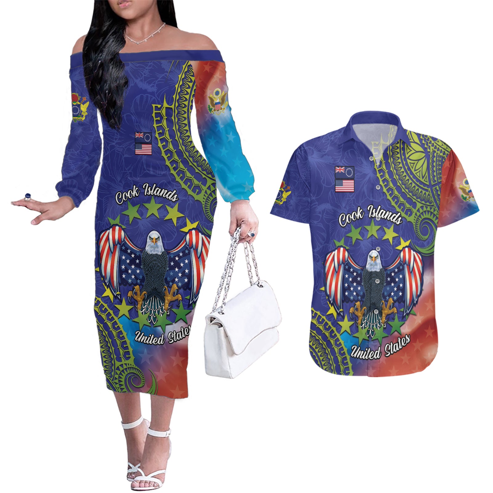 Personalised United States And Cook Islands Couples Matching Off The Shoulder Long Sleeve Dress and Hawaiian Shirt USA Eagle Mix Polynesian Pattern