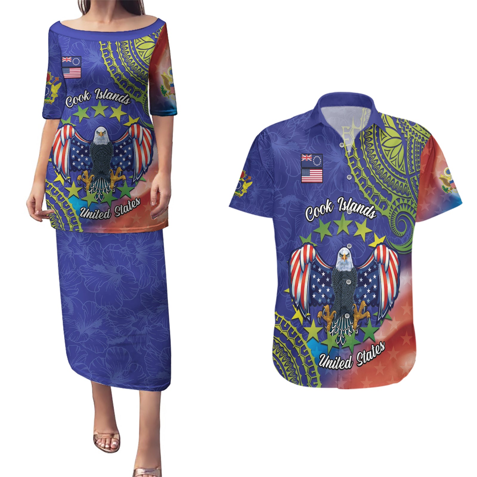 Personalised United States And Cook Islands Couples Matching Puletasi and Hawaiian Shirt USA Eagle Mix Polynesian Pattern