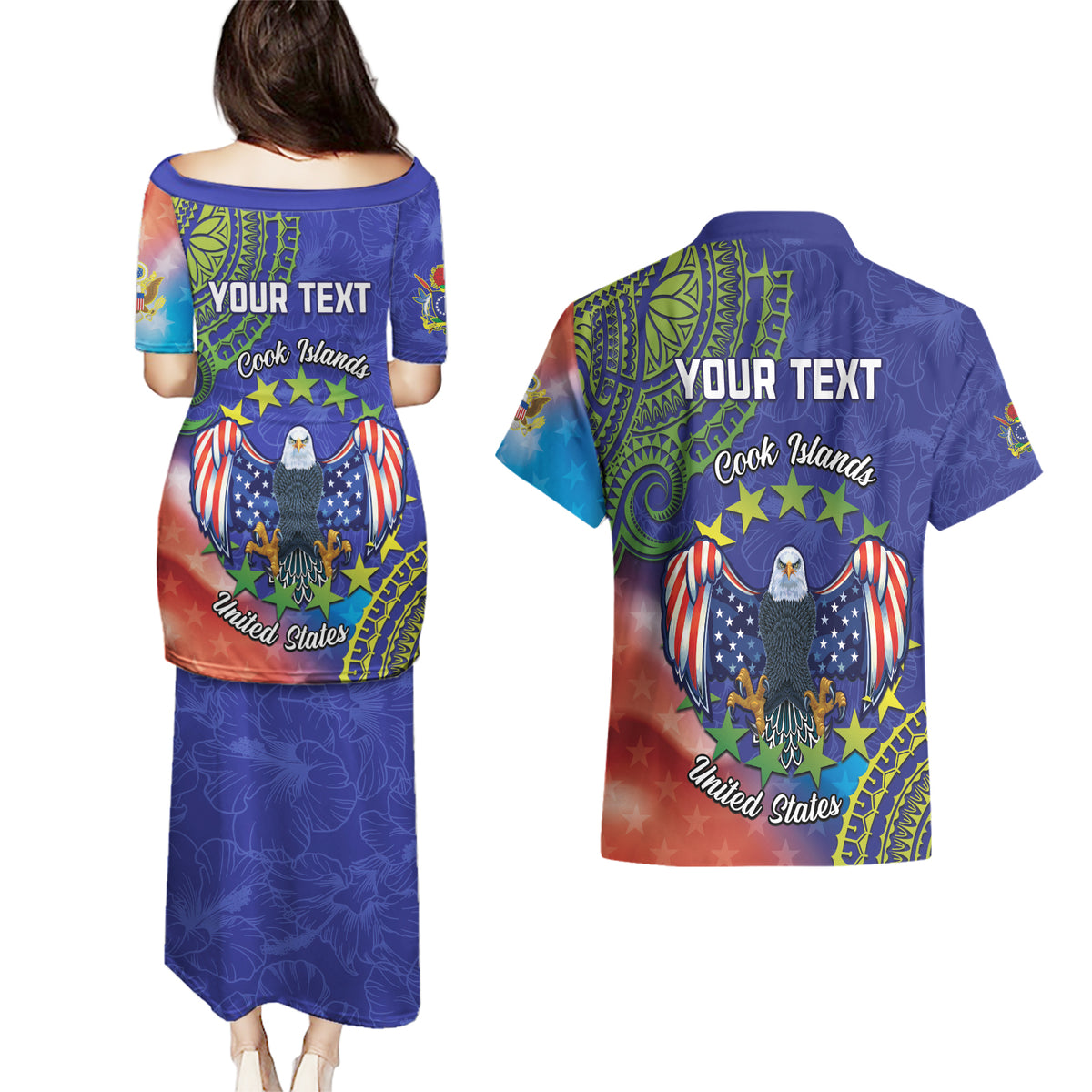 Personalised United States And Cook Islands Couples Matching Puletasi and Hawaiian Shirt USA Eagle Mix Polynesian Pattern