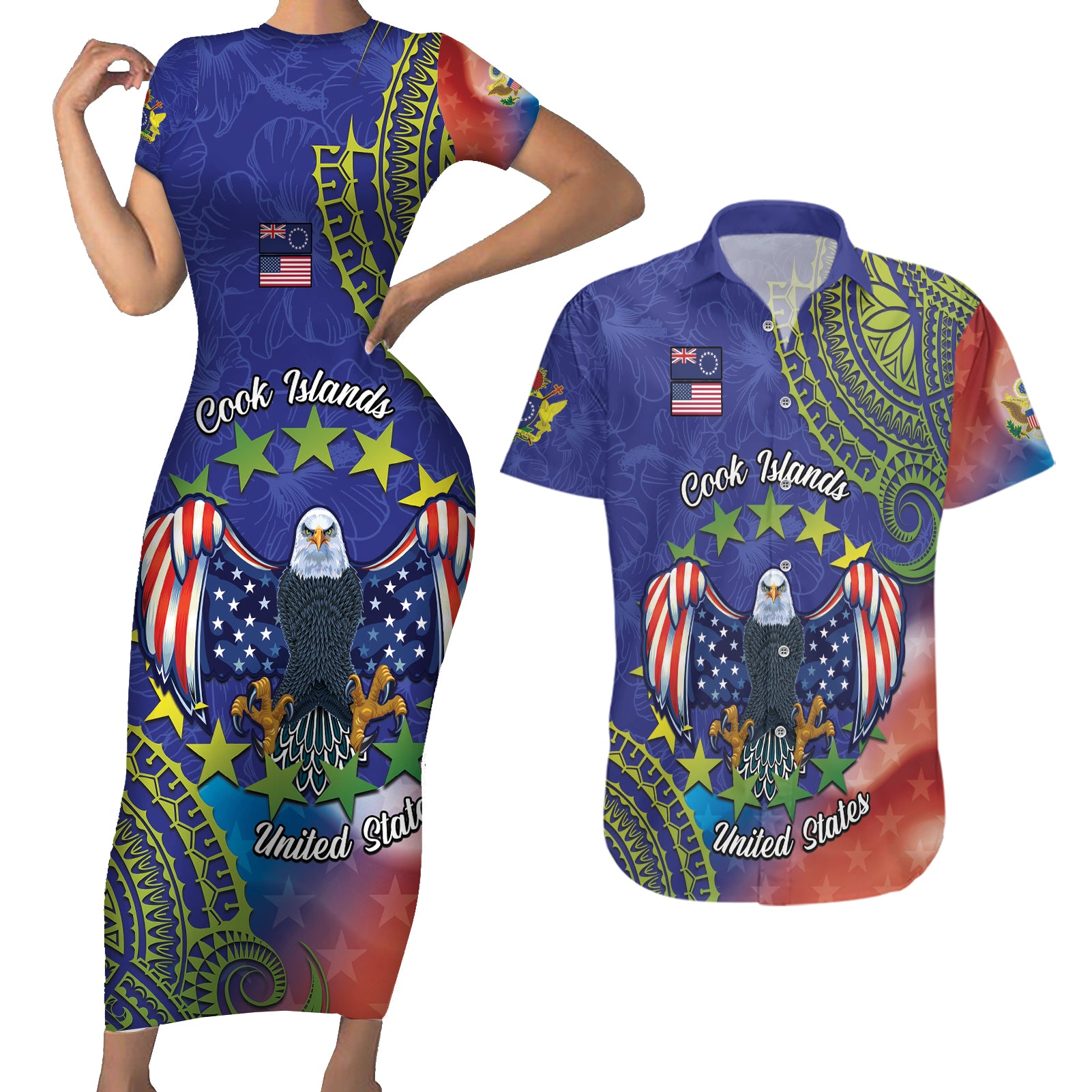 Personalised United States And Cook Islands Couples Matching Short Sleeve Bodycon Dress and Hawaiian Shirt USA Eagle Mix Polynesian Pattern