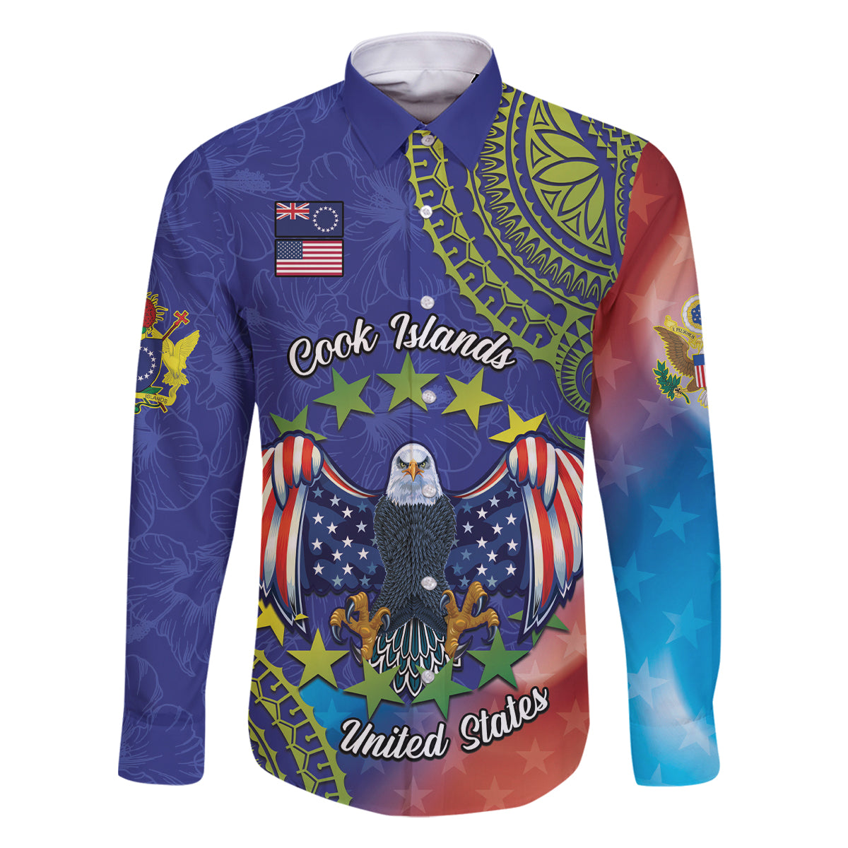 Personalised United States And Cook Islands Family Matching Long Sleeve Bodycon Dress and Hawaiian Shirt USA Eagle Mix Polynesian Pattern LT14 Dad's Shirt - Long Sleeve Blue - Polynesian Pride