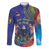 Personalised United States And Cook Islands Family Matching Long Sleeve Bodycon Dress and Hawaiian Shirt USA Eagle Mix Polynesian Pattern LT14 Dad's Shirt - Long Sleeve Blue - Polynesian Pride