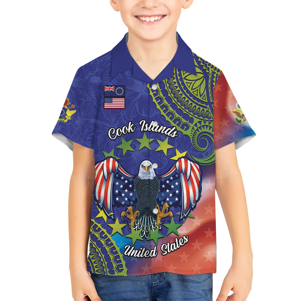 Personalised United States And Cook Islands Family Matching Long Sleeve Bodycon Dress and Hawaiian Shirt USA Eagle Mix Polynesian Pattern LT14 Son's Shirt Blue - Polynesian Pride
