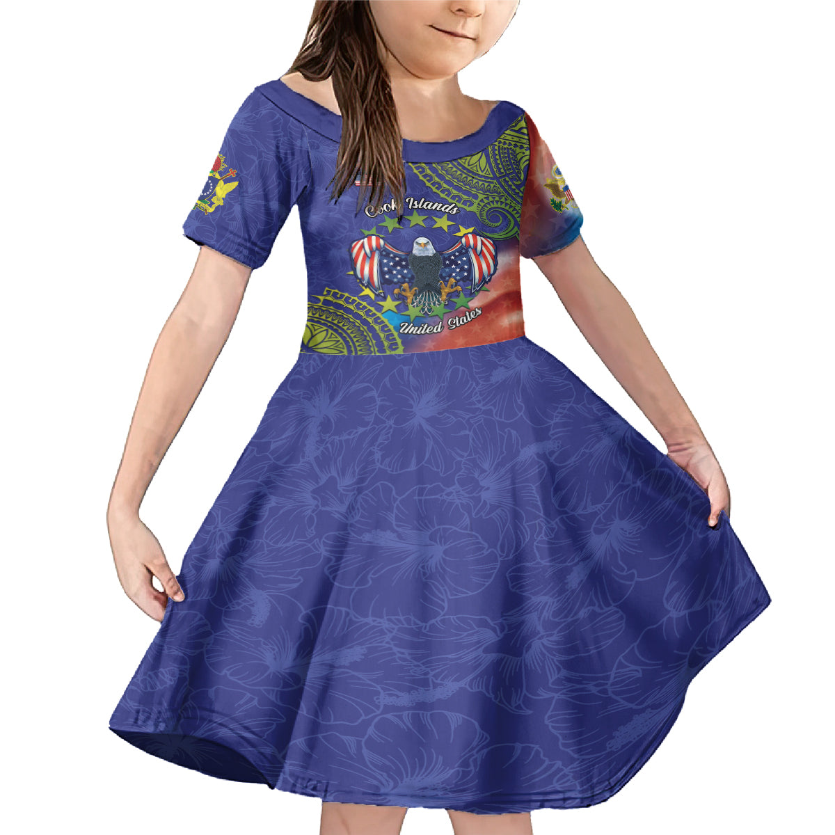 Personalised United States And Cook Islands Family Matching Mermaid Dress and Hawaiian Shirt USA Eagle Mix Polynesian Pattern LT14 Daughter's Dress Blue - Polynesian Pride