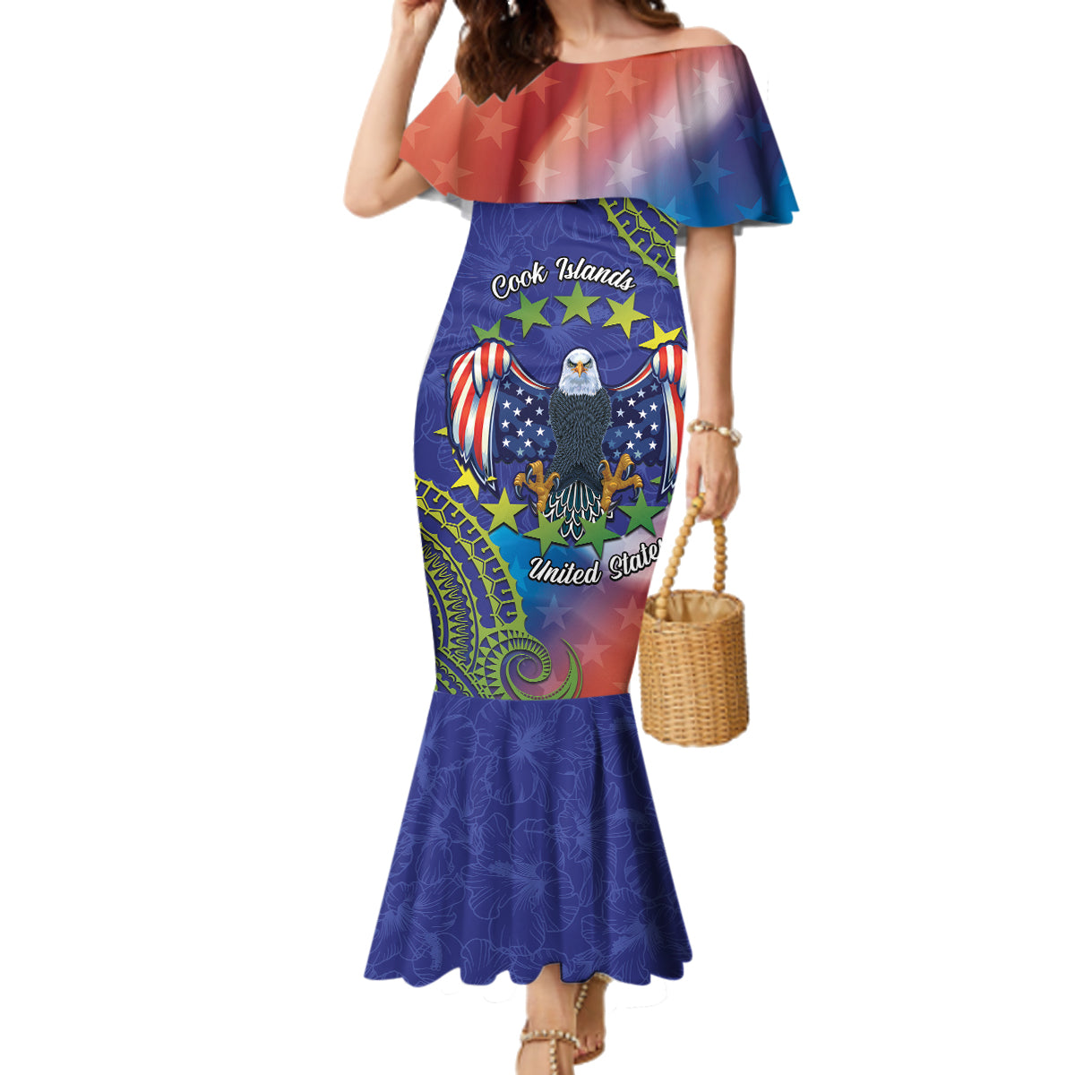 Personalised United States And Cook Islands Family Matching Mermaid Dress and Hawaiian Shirt USA Eagle Mix Polynesian Pattern LT14 Mom's Dress Blue - Polynesian Pride