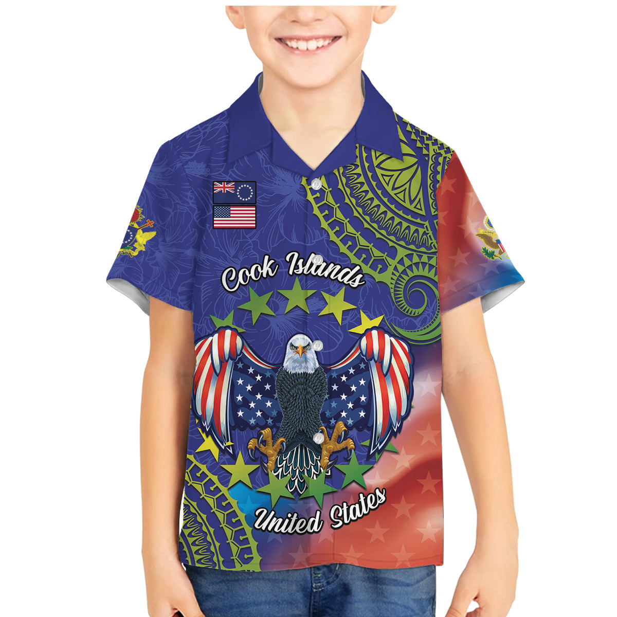 Personalised United States And Cook Islands Family Matching Mermaid Dress and Hawaiian Shirt USA Eagle Mix Polynesian Pattern LT14 Son's Shirt Blue - Polynesian Pride