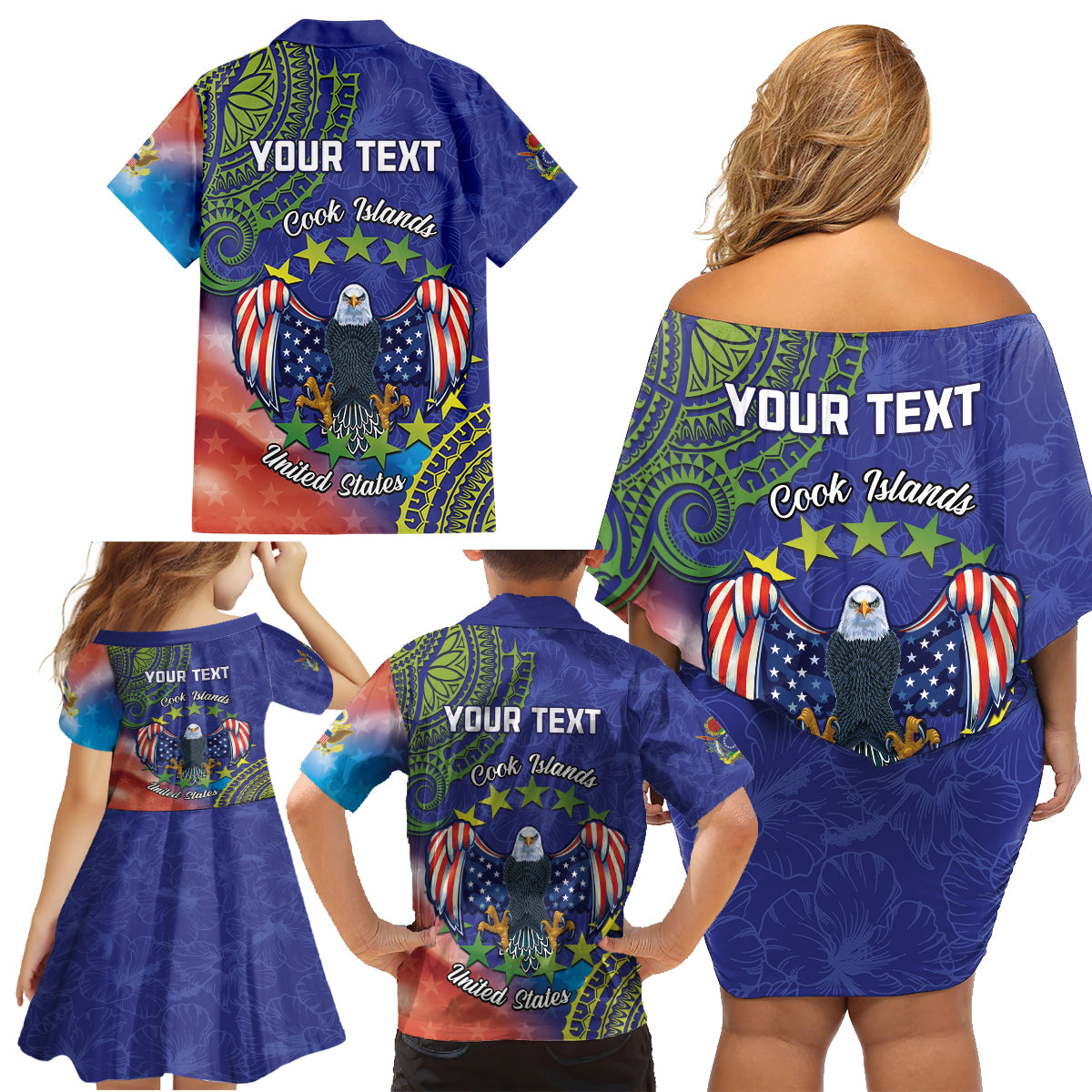 Personalised United States And Cook Islands Family Matching Off Shoulder Short Dress and Hawaiian Shirt USA Eagle Mix Polynesian Pattern