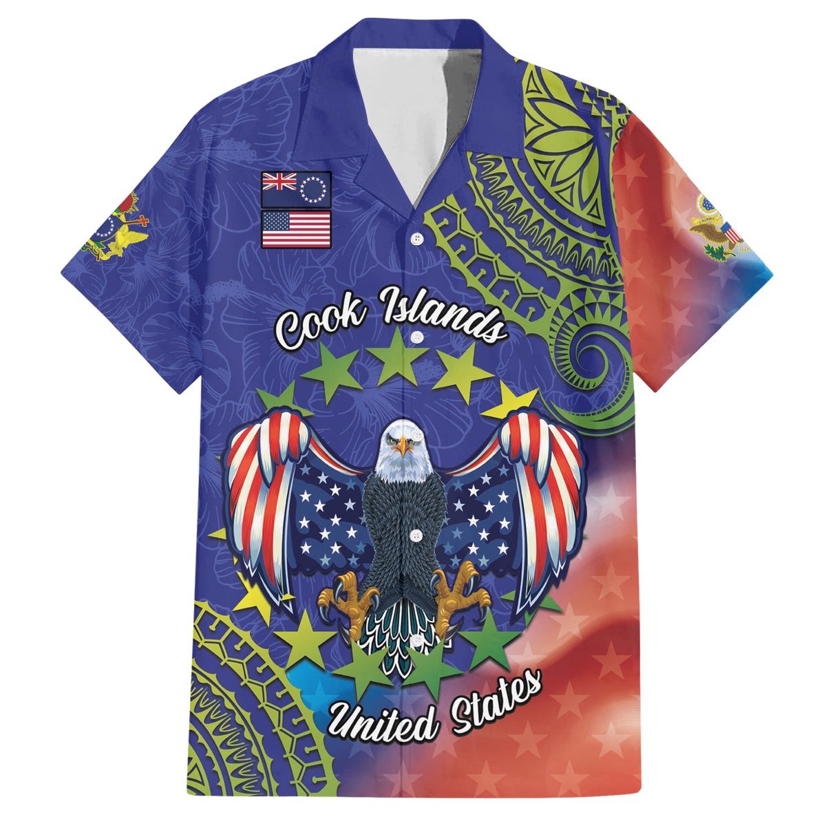 Personalised United States And Cook Islands Family Matching Short Sleeve Bodycon Dress and Hawaiian Shirt USA Eagle Mix Polynesian Pattern LT14 Dad's Shirt - Short Sleeve Blue - Polynesian Pride