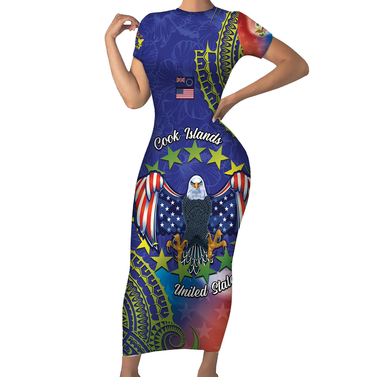 Personalised United States And Cook Islands Family Matching Short Sleeve Bodycon Dress and Hawaiian Shirt USA Eagle Mix Polynesian Pattern LT14 Mom's Dress Blue - Polynesian Pride