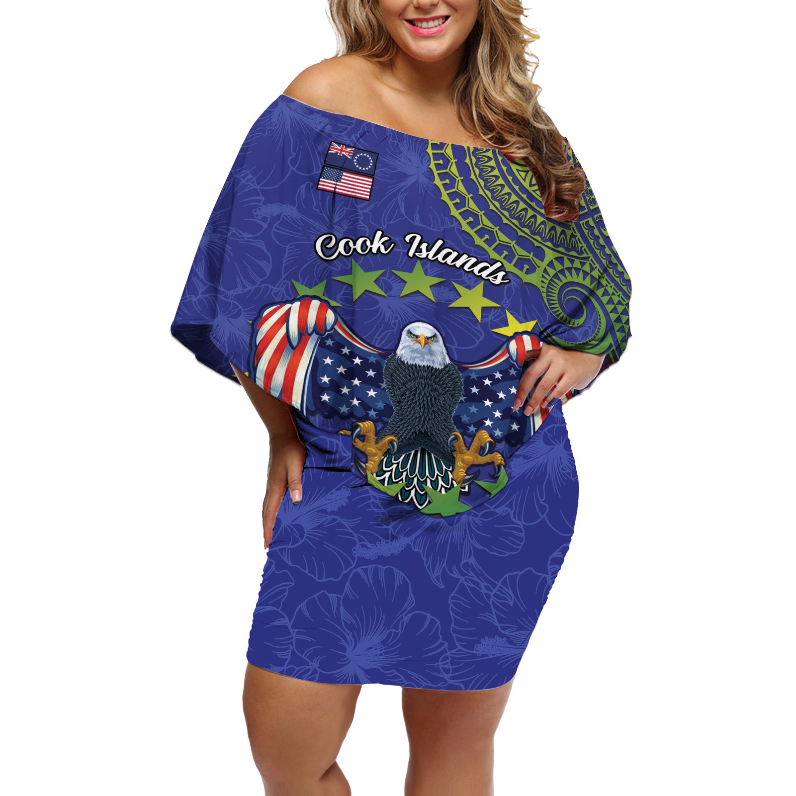 Personalised United States And Cook Islands Off Shoulder Short Dress USA Eagle Mix Polynesian Pattern