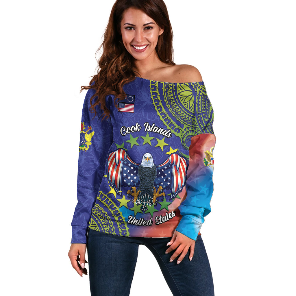 Personalised United States And Cook Islands Off Shoulder Sweater USA Eagle Mix Polynesian Pattern