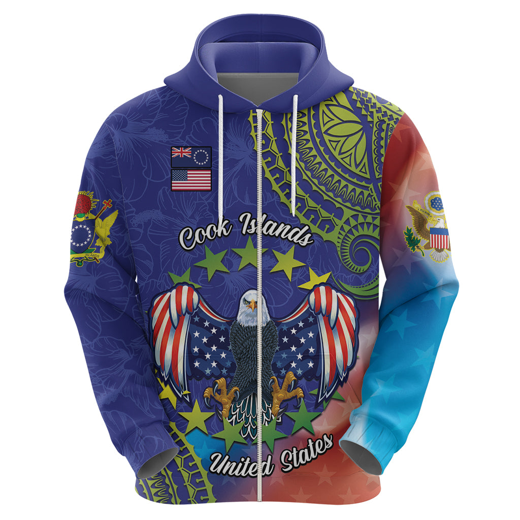 Personalised United States And Cook Islands Zip Hoodie USA Eagle Mix Polynesian Pattern