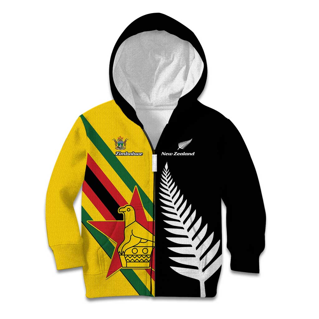 Custom New Zealand and Zimbabwe Kid Hoodie NZ Fern Zim Flag Half Style LT14 Zip Hoodie Black - Polynesian Pride