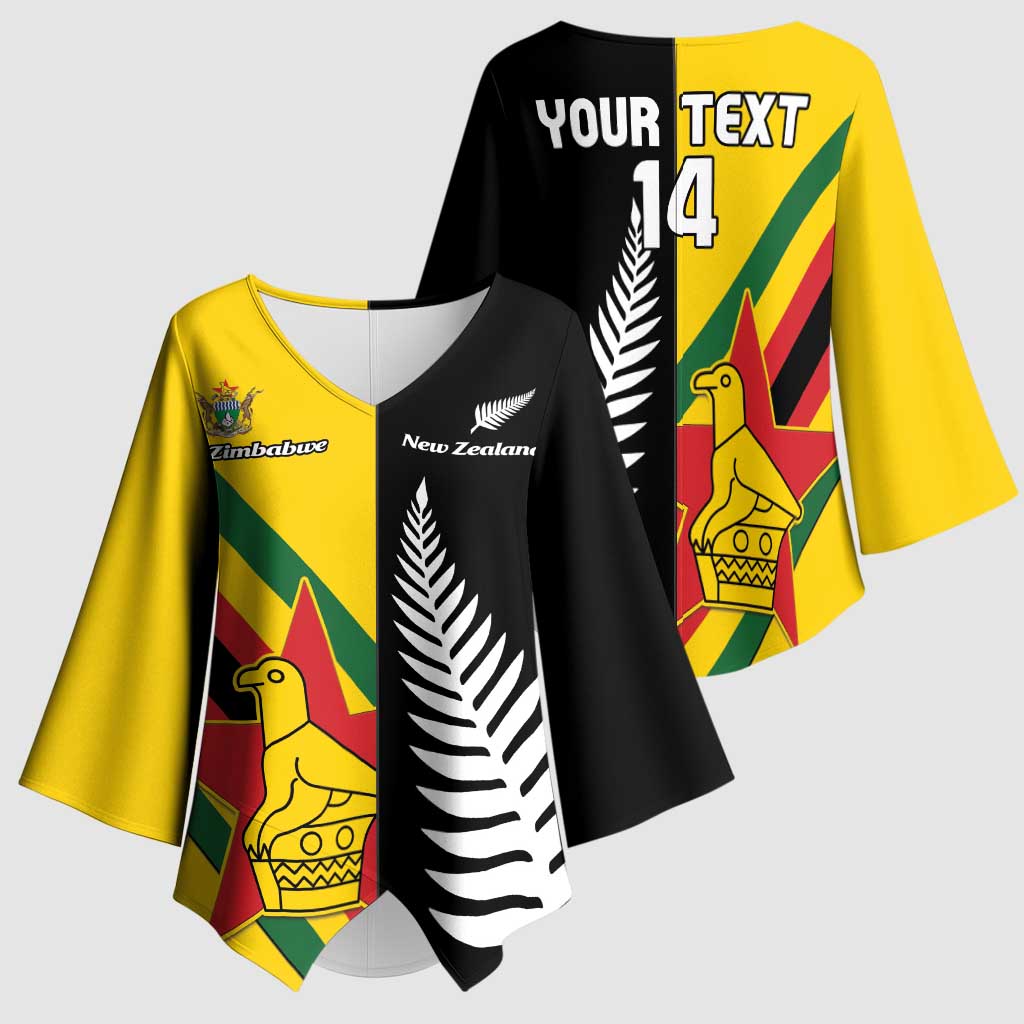 Custom New Zealand and Zimbabwe Kimono Sleeve Blouse NZ Fern Zim Flag Half Style
