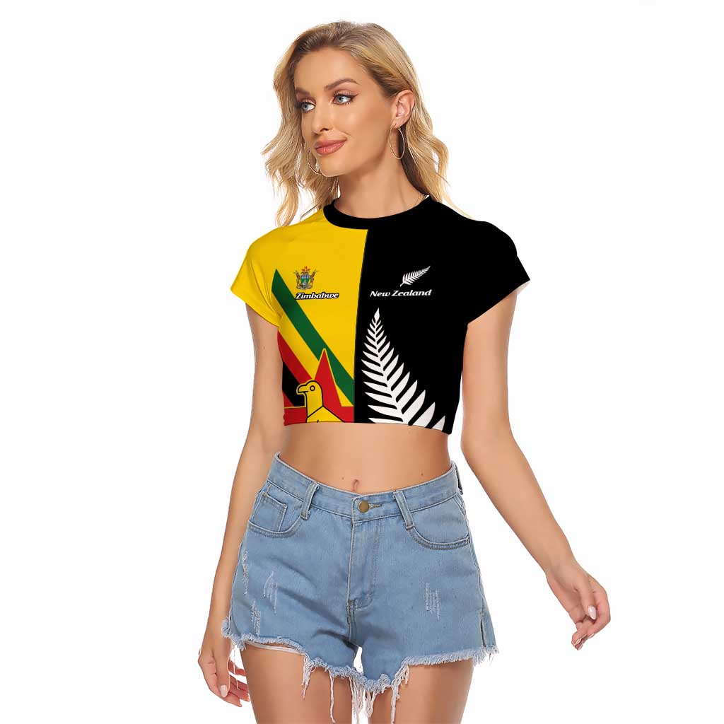 Custom New Zealand and Zimbabwe Raglan Cropped T Shirt NZ Fern Zim Flag Half Style