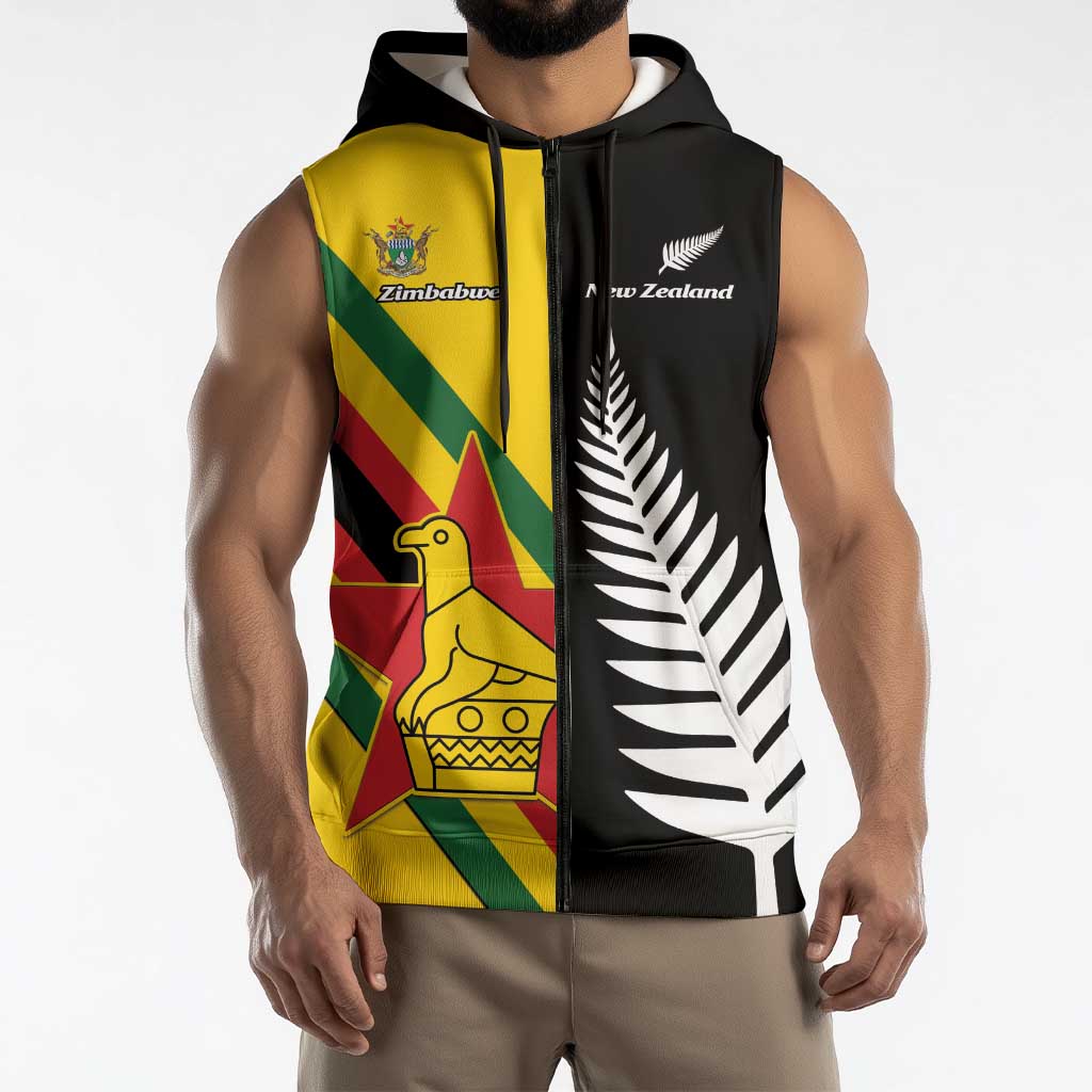 Custom New Zealand and Zimbabwe Sleeveless Zip Hoodie NZ Fern Zim Flag Half Style LT14 - Polynesian Pride