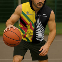 Custom New Zealand and Zimbabwe Sleeveless Zip Hoodie NZ Fern Zim Flag Half Style LT14 - Polynesian Pride