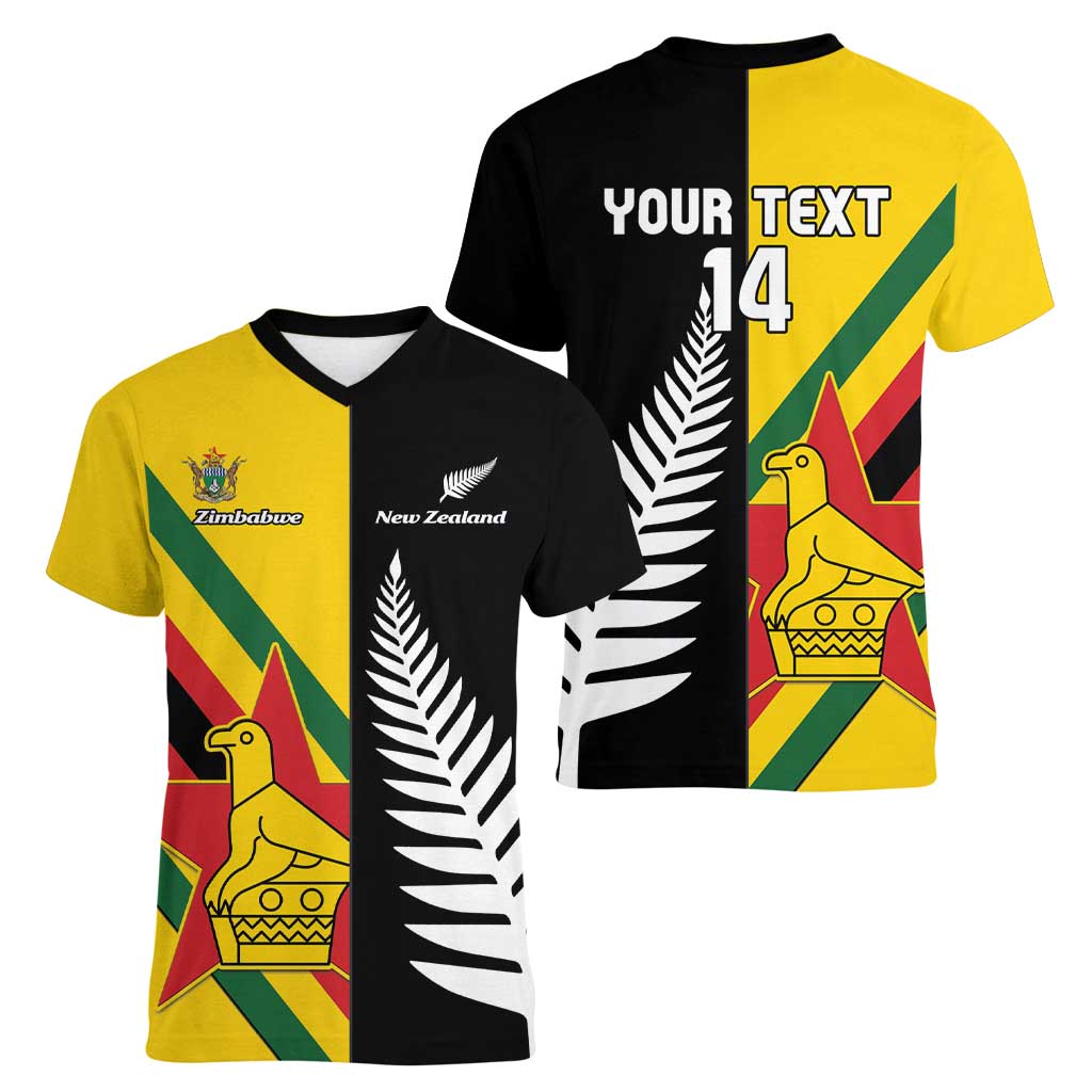 Custom New Zealand and Zimbabwe Women V-Neck T-Shirt NZ Fern Zim Flag Half Style