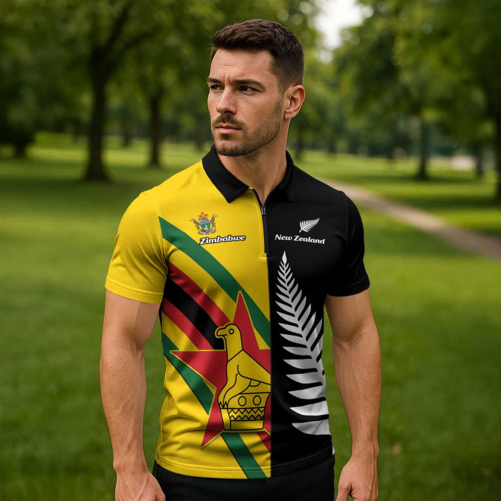 Custom New Zealand and Zimbabwe Zipper Polo Shirt NZ Fern Zim Flag Half Style LT14 - Polynesian Pride