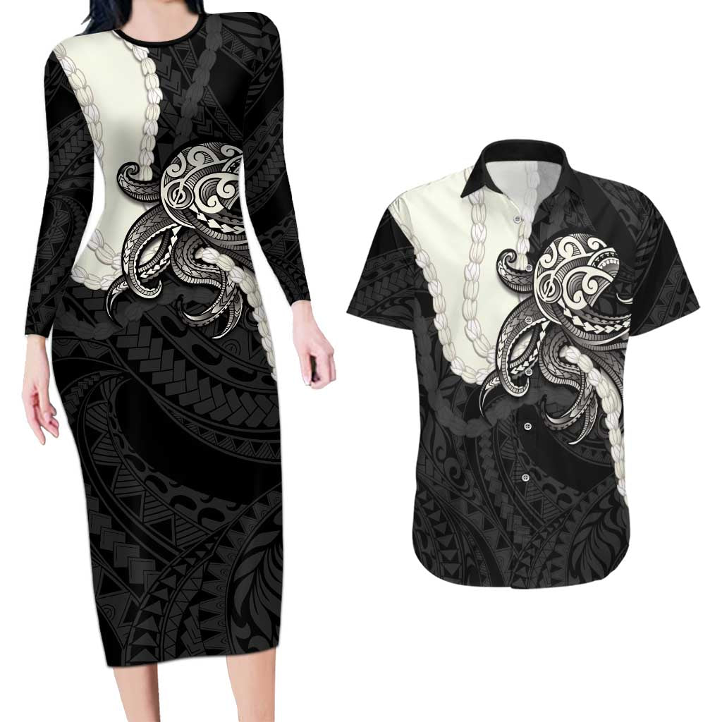 Black Polynesia Tribal Octopus Tattoo Couples Matching Long Sleeve Bodycon Dress and Hawaiian Shirt Pikake Lei Polynesian Pattern