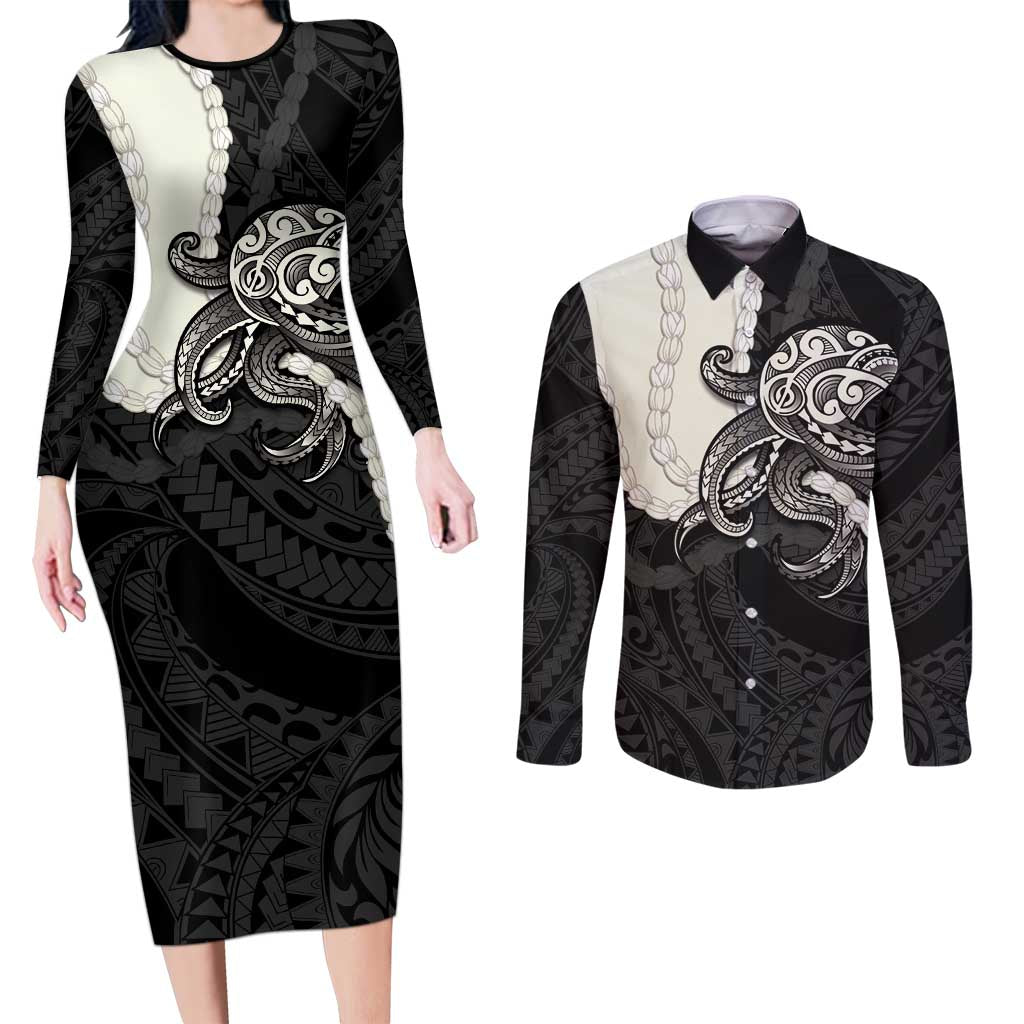 Black Polynesia Tribal Octopus Tattoo Couples Matching Long Sleeve Bodycon Dress and Long Sleeve Button Shirt Pikake Lei Polynesian Pattern
