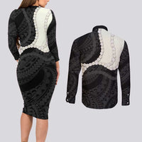 Black Polynesia Tribal Octopus Tattoo Couples Matching Long Sleeve Bodycon Dress and Long Sleeve Button Shirt Pikake Lei Polynesian Pattern