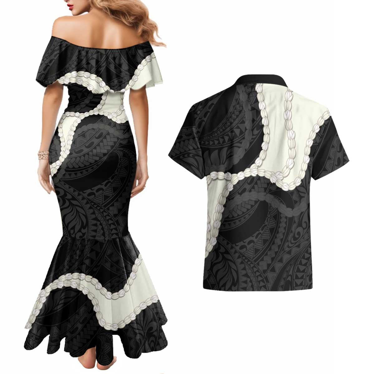 Black Polynesia Tribal Octopus Tattoo Couples Matching Mermaid Dress and Hawaiian Shirt Pikake Lei Polynesian Pattern