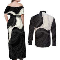 Black Polynesia Tribal Octopus Tattoo Couples Matching Off Shoulder Maxi Dress and Long Sleeve Button Shirt Pikake Lei Polynesian Pattern