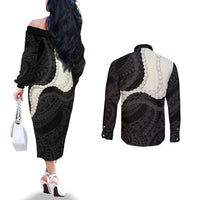 Black Polynesia Tribal Octopus Tattoo Couples Matching Off The Shoulder Long Sleeve Dress and Long Sleeve Button Shirt Pikake Lei Polynesian Pattern