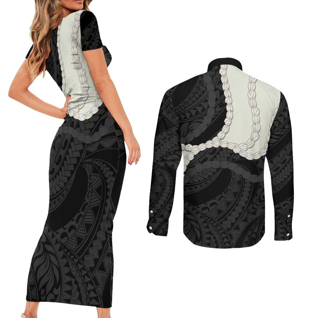 Black Polynesia Tribal Octopus Tattoo Couples Matching Short Sleeve Bodycon Dress and Long Sleeve Button Shirt Pikake Lei Polynesian Pattern
