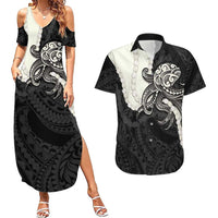 Black Polynesia Tribal Octopus Tattoo Couples Matching Summer Maxi Dress and Hawaiian Shirt Pikake Lei Polynesian Pattern