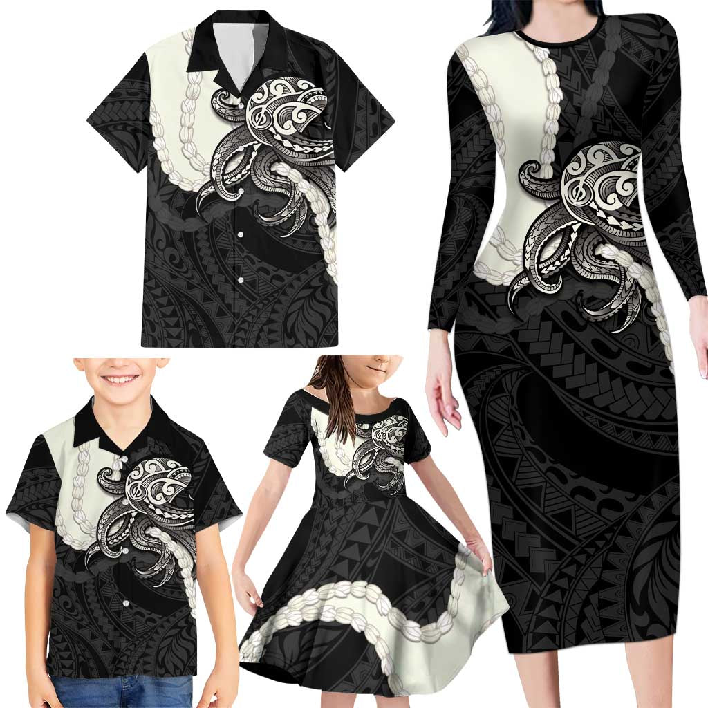Black Polynesia Tribal Octopus Tattoo Family Matching Long Sleeve Bodycon Dress and Hawaiian Shirt Pikake Lei Polynesian Pattern