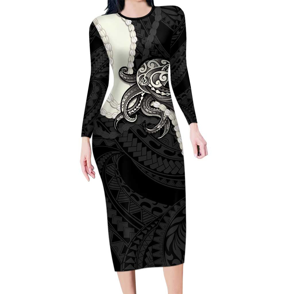 Black Polynesia Tribal Octopus Tattoo Family Matching Long Sleeve Bodycon Dress and Hawaiian Shirt Pikake Lei Polynesian Pattern