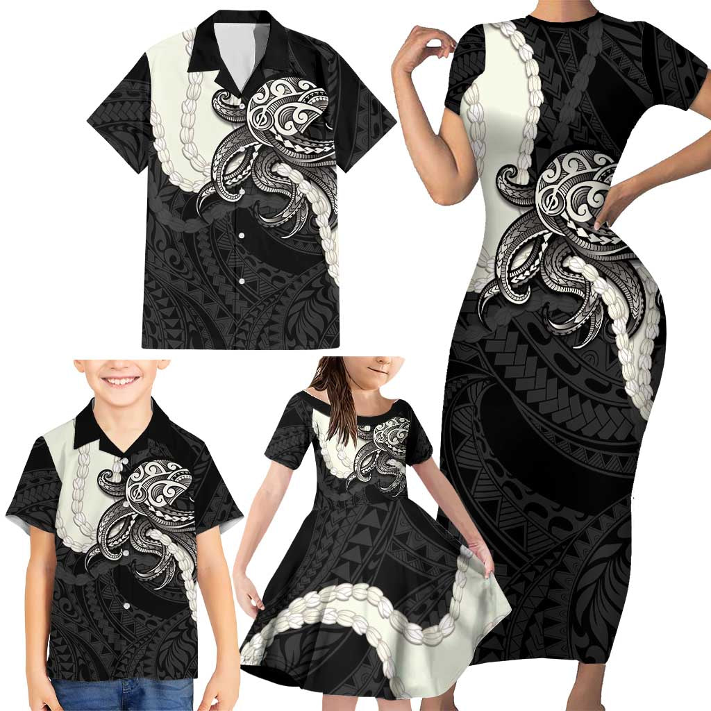 Black Polynesia Tribal Octopus Tattoo Family Matching Short Sleeve Bodycon Dress and Hawaiian Shirt Pikake Lei Polynesian Pattern